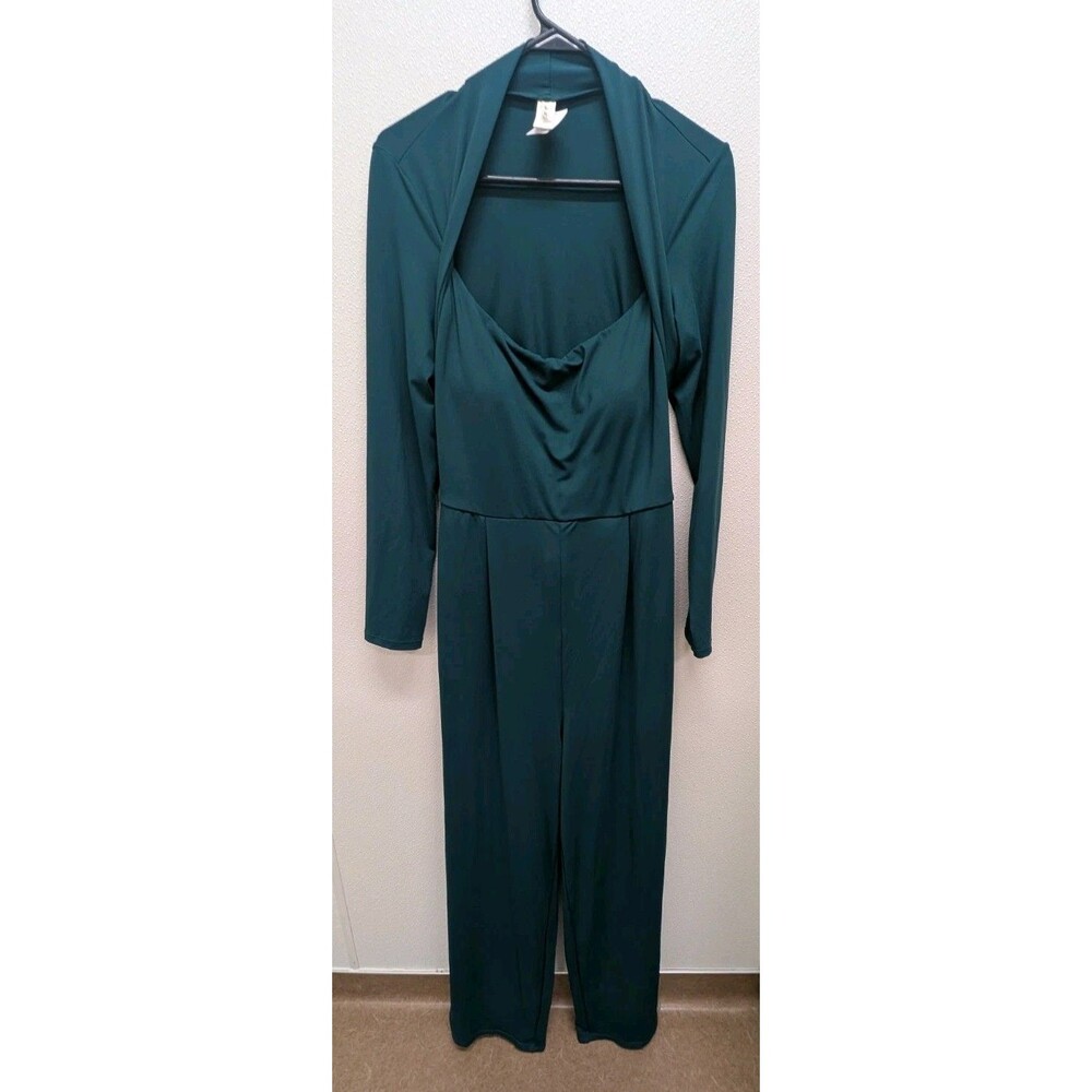 Halara Women's L Green Long Sleeve Wide Leg Side Pocket Easy Peezy Jumpsuit